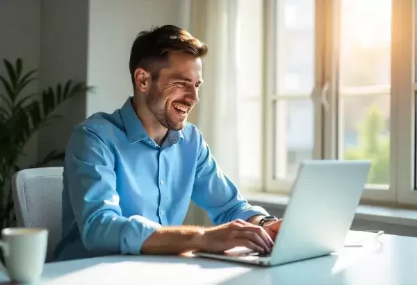 Zufriedener Unternehmer liest seine Emails